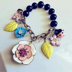 Betsey Johnson Rare & Retired Vintage Floral/Ladybug Charm Stretch Bracelet